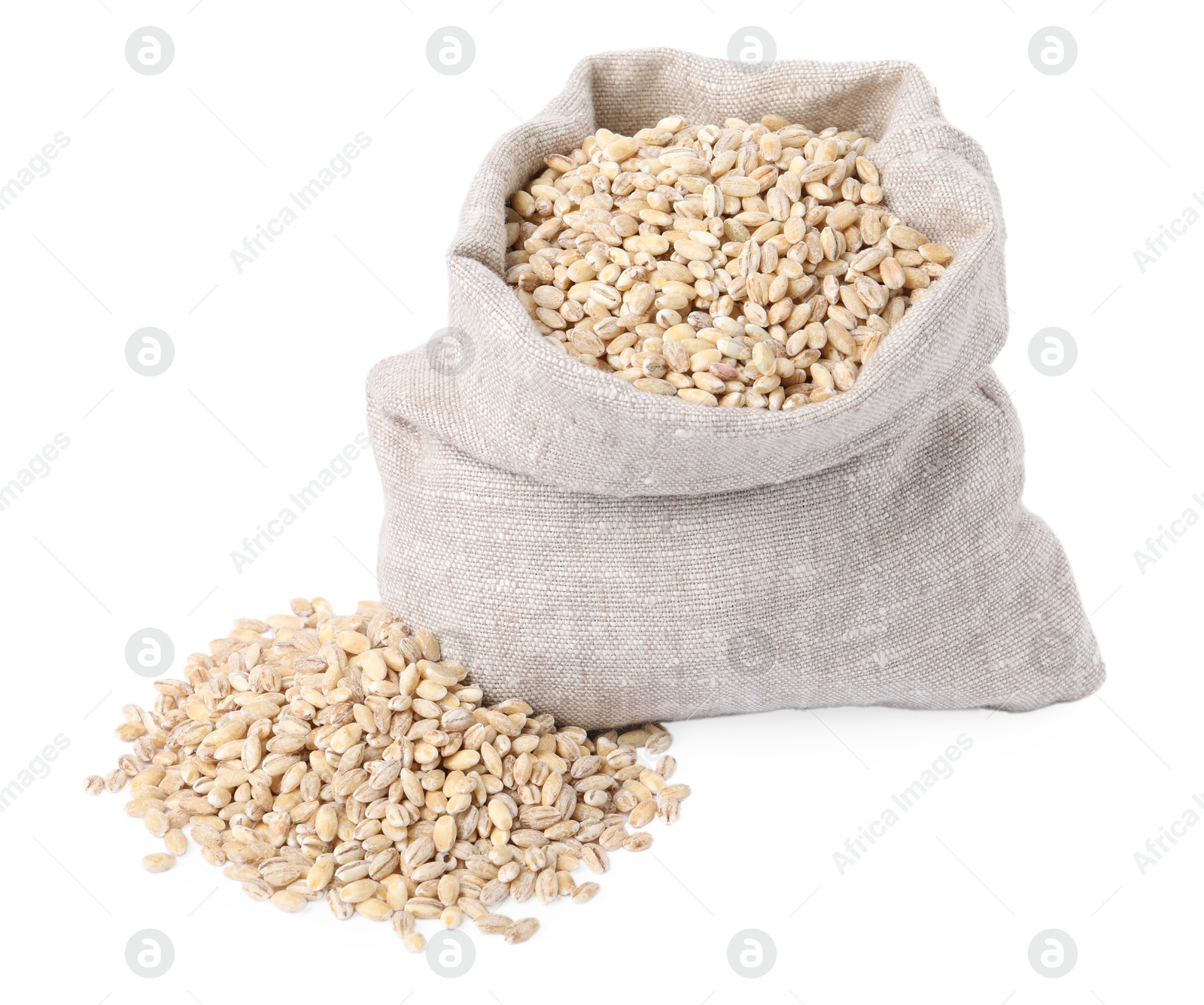 Photo of Pearl barley groats in sack isolated on white