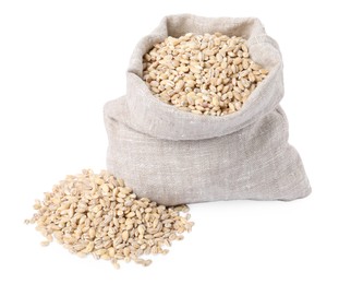 Pearl barley groats in sack isolated on white