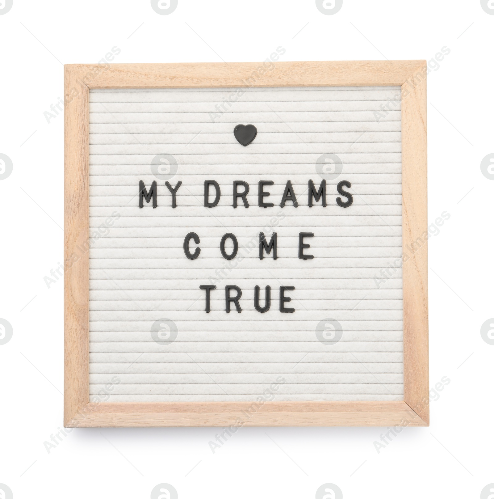 Photo of Letter board with phrase My dreams come true on white background, top view