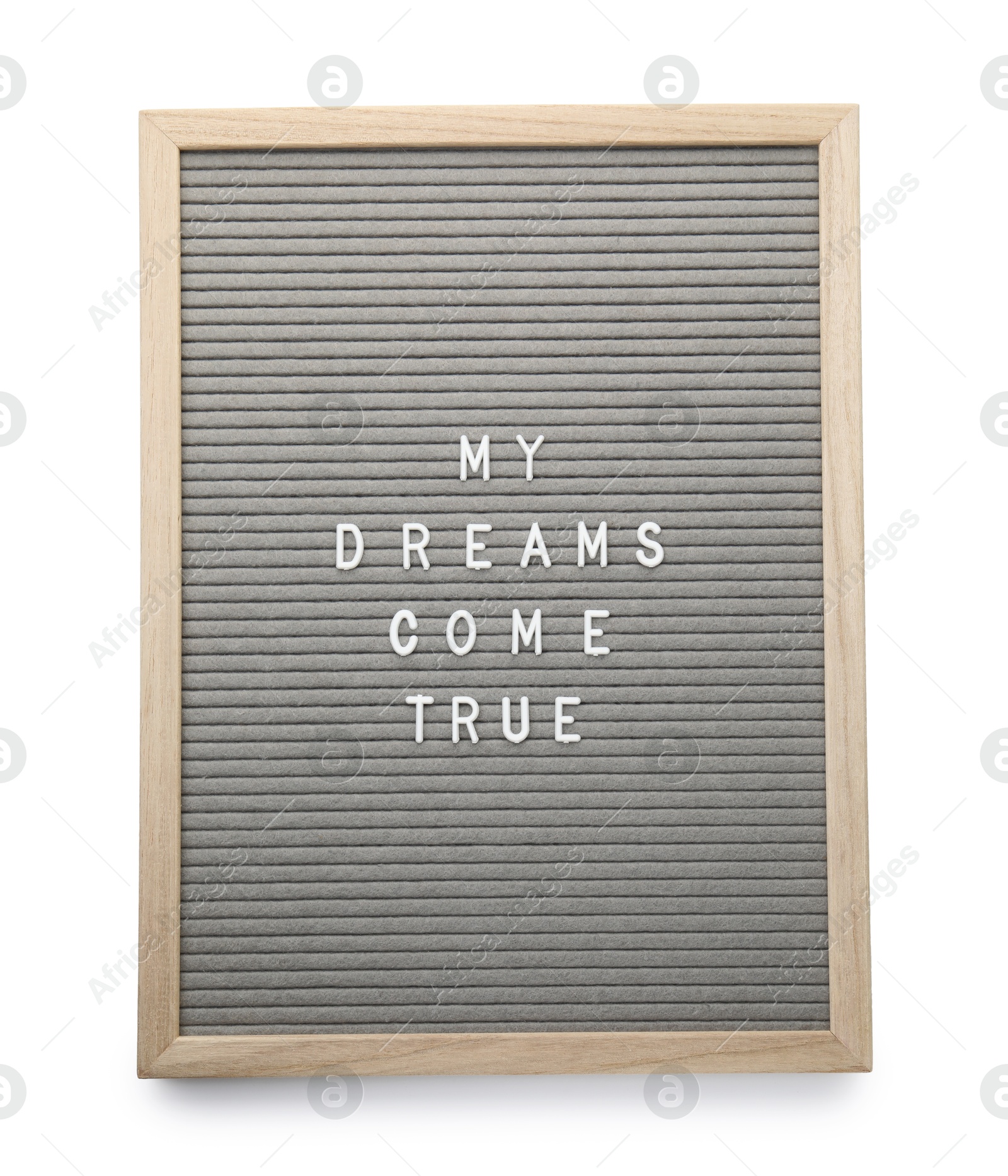 Photo of Letter board with phrase My dreams come true on white background, top view