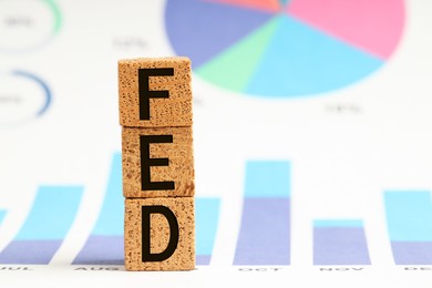 Photo of Stack of cubes with letters Fed (Federal Reserve System) and paper with graphs, closeup. Space for text