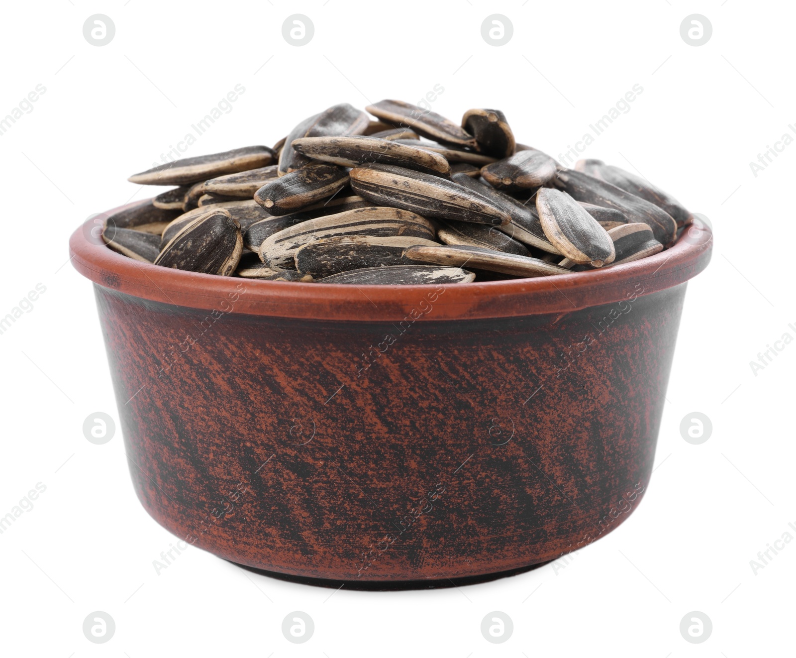 Photo of Sunflower seeds in bowl isolated on white