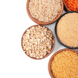 Different types of cereals isolated on white, top view