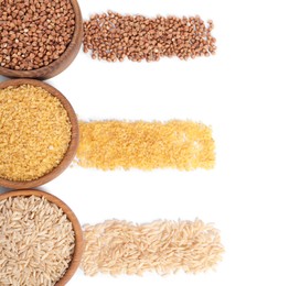 Photo of Different types of cereals in bowls isolated on white, top view