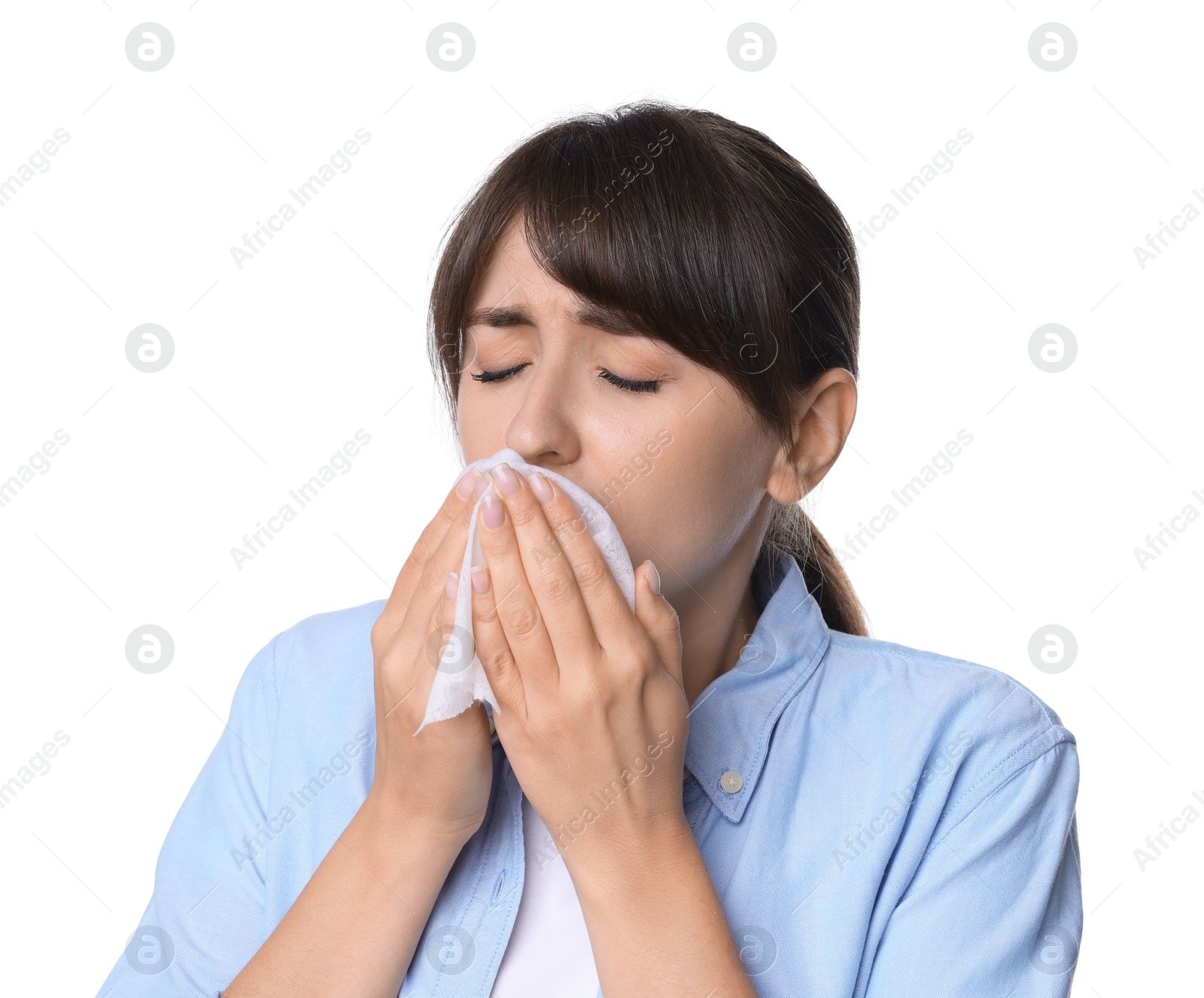 Photo of Woman with napkin suffering from sinusitis on white background