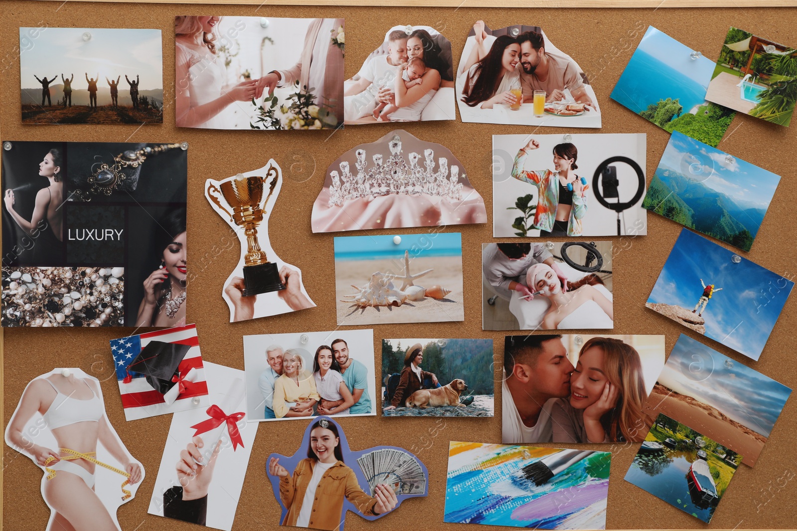 Photo of Vision board with different images as background, closeup