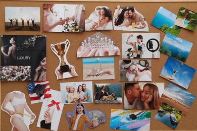 Photo of Vision board with different images as background, closeup