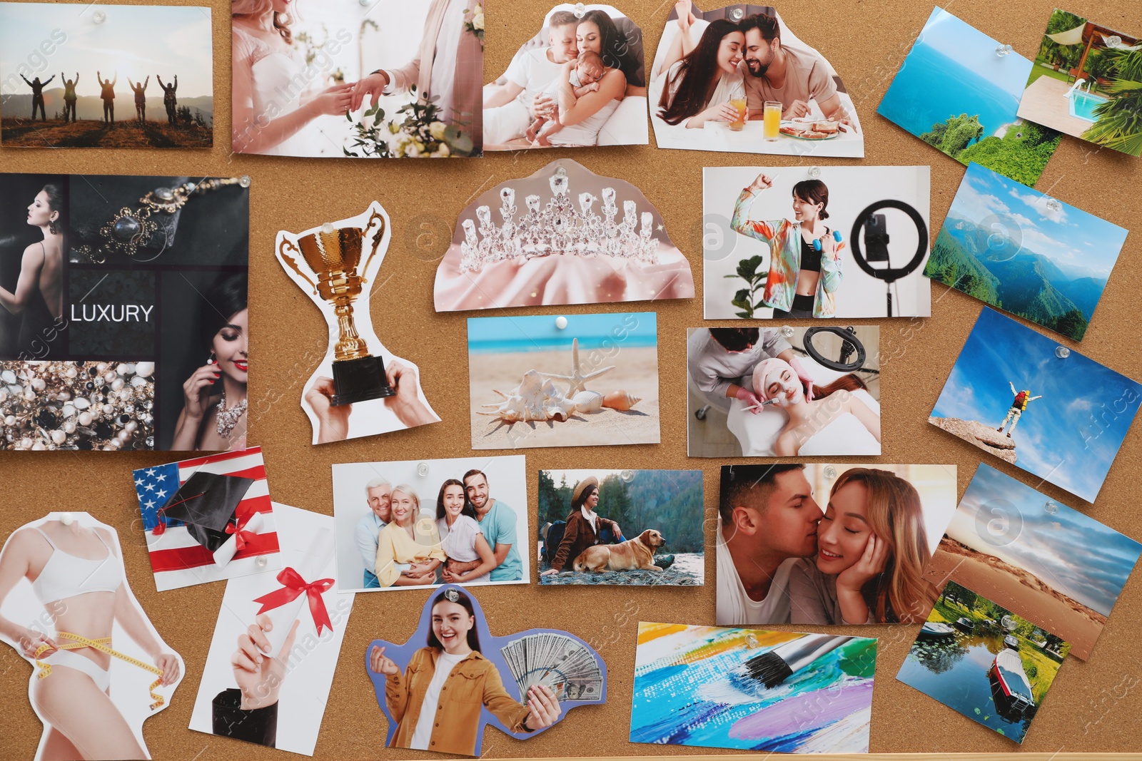 Photo of Vision board with different images as background, closeup