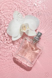 Photo of Beautiful orchid flower and bottle of perfume in water on pink background, flat lay