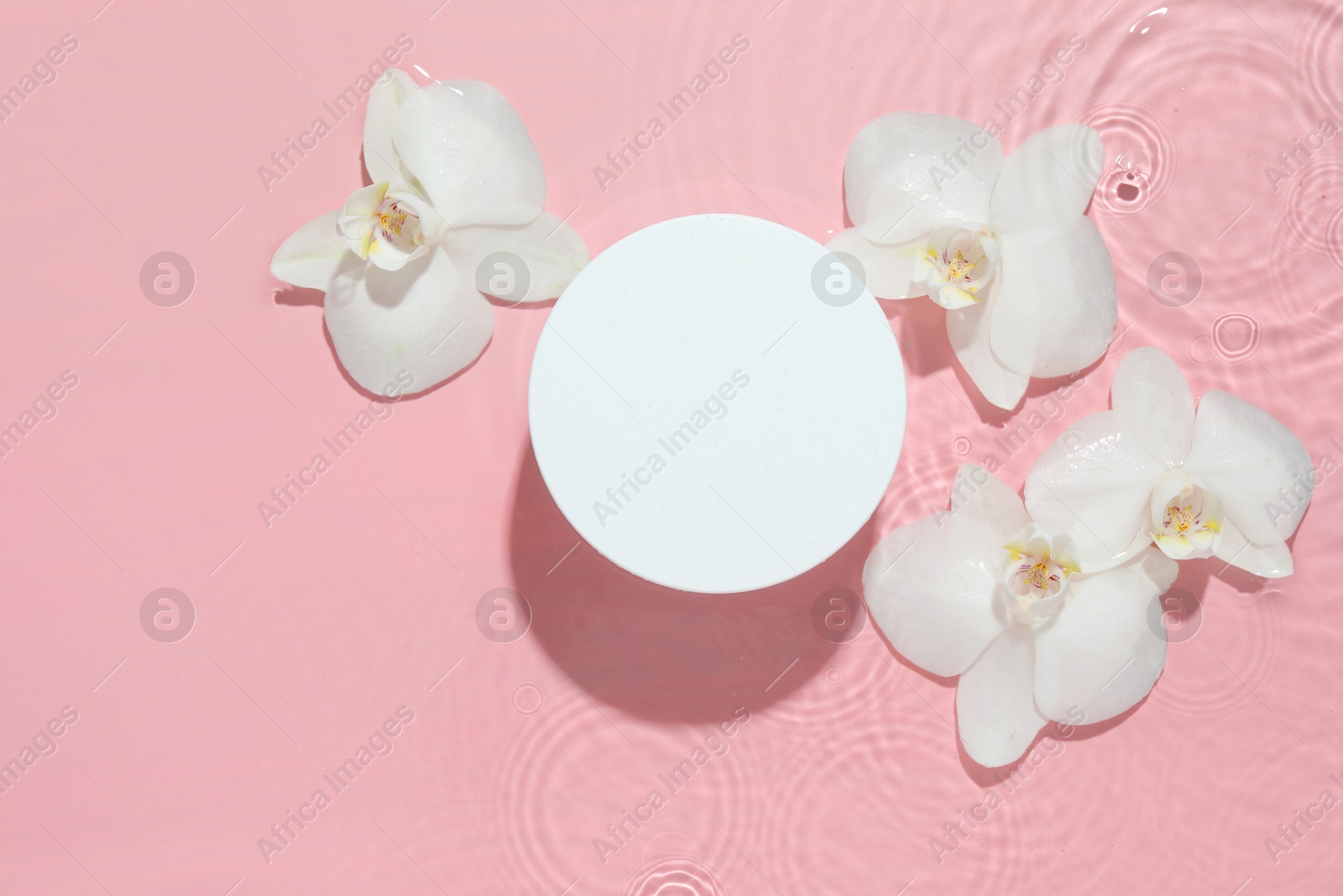 Photo of Beautiful orchid flowers and podium in water on pink background, flat lay. Presentation for product