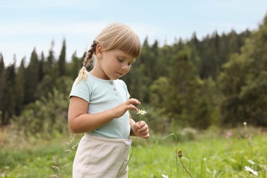 Cute little girl with flower at meadow, space for text. Child enjoying beautiful nature