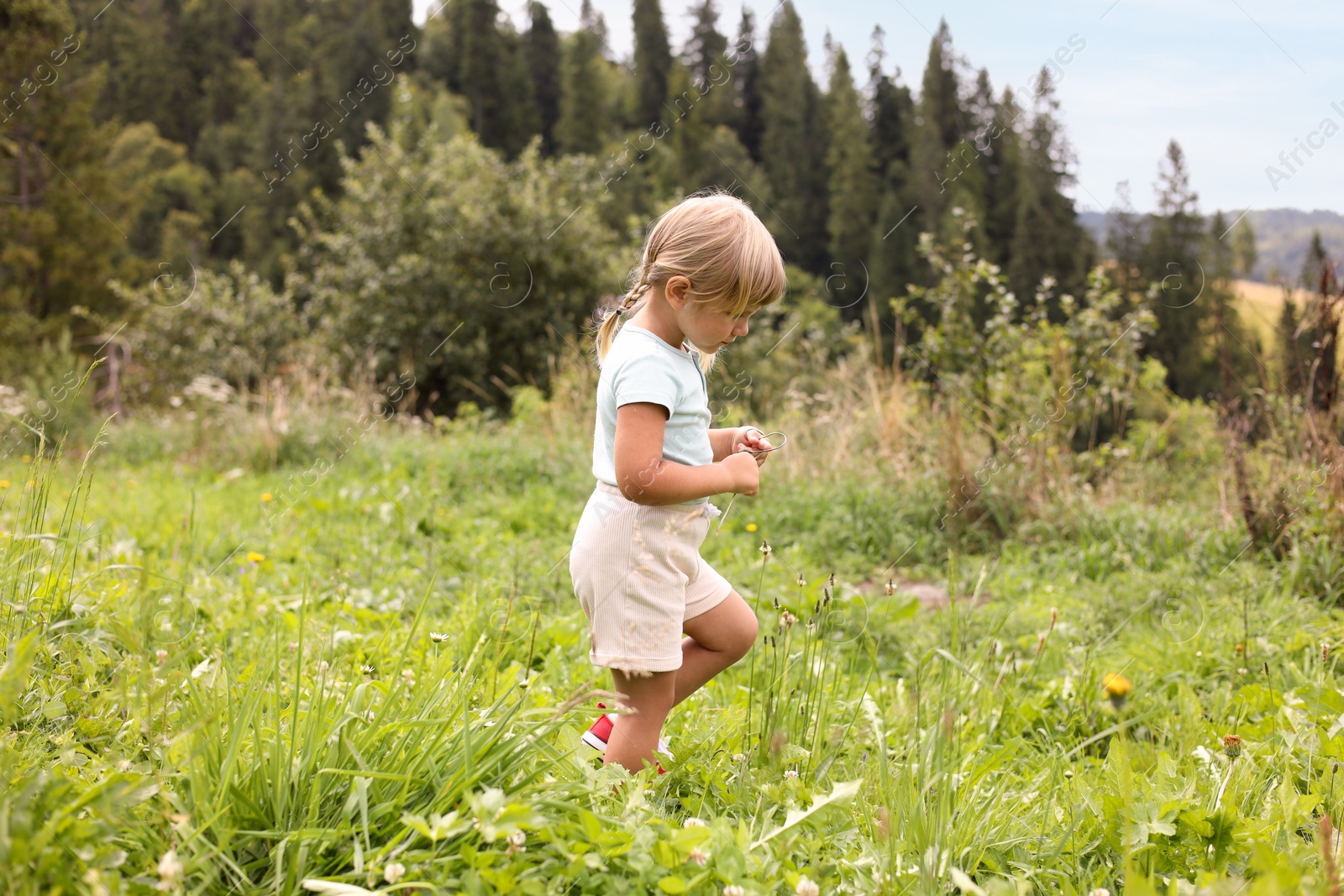 Photo of Cute little girl walking at green meadow. Child enjoying beautiful nature