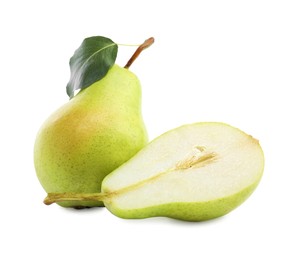 Fresh ripe pears with green leaf isolated on white