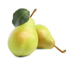 Photo of Fresh ripe pears with green leaf isolated on white