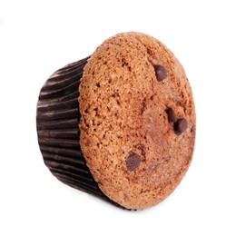 Photo of Delicious sweet muffin with chocolate chips isolated on white