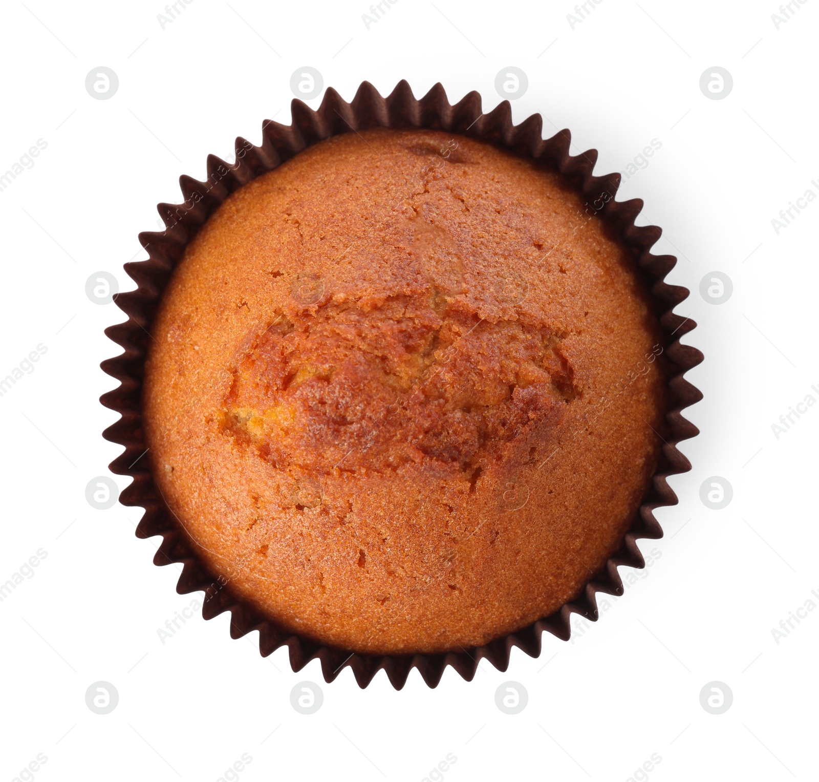 Photo of One delicious sweet muffin isolated on white, top view