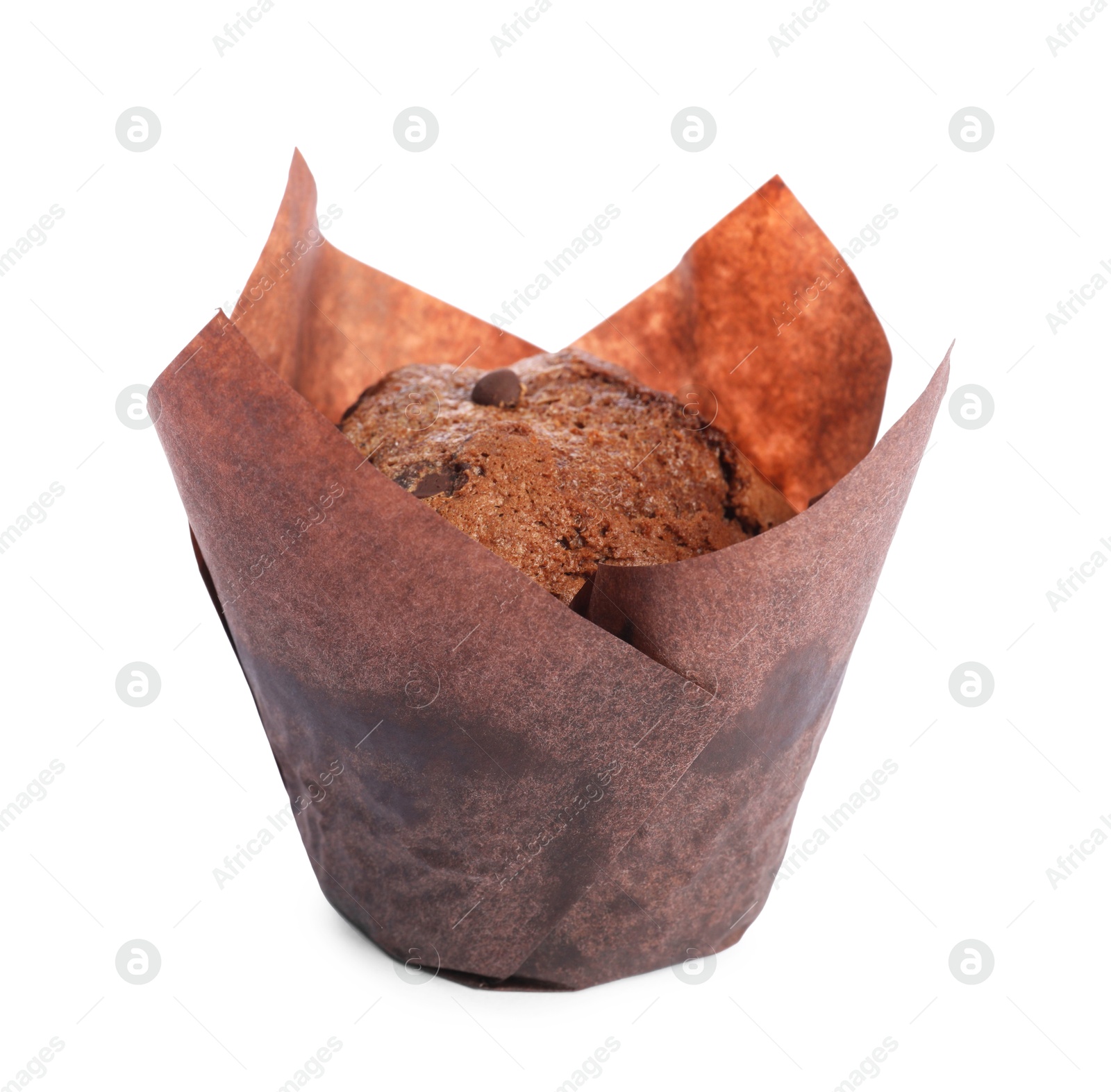 Photo of Delicious sweet muffin with chocolate chips isolated on white