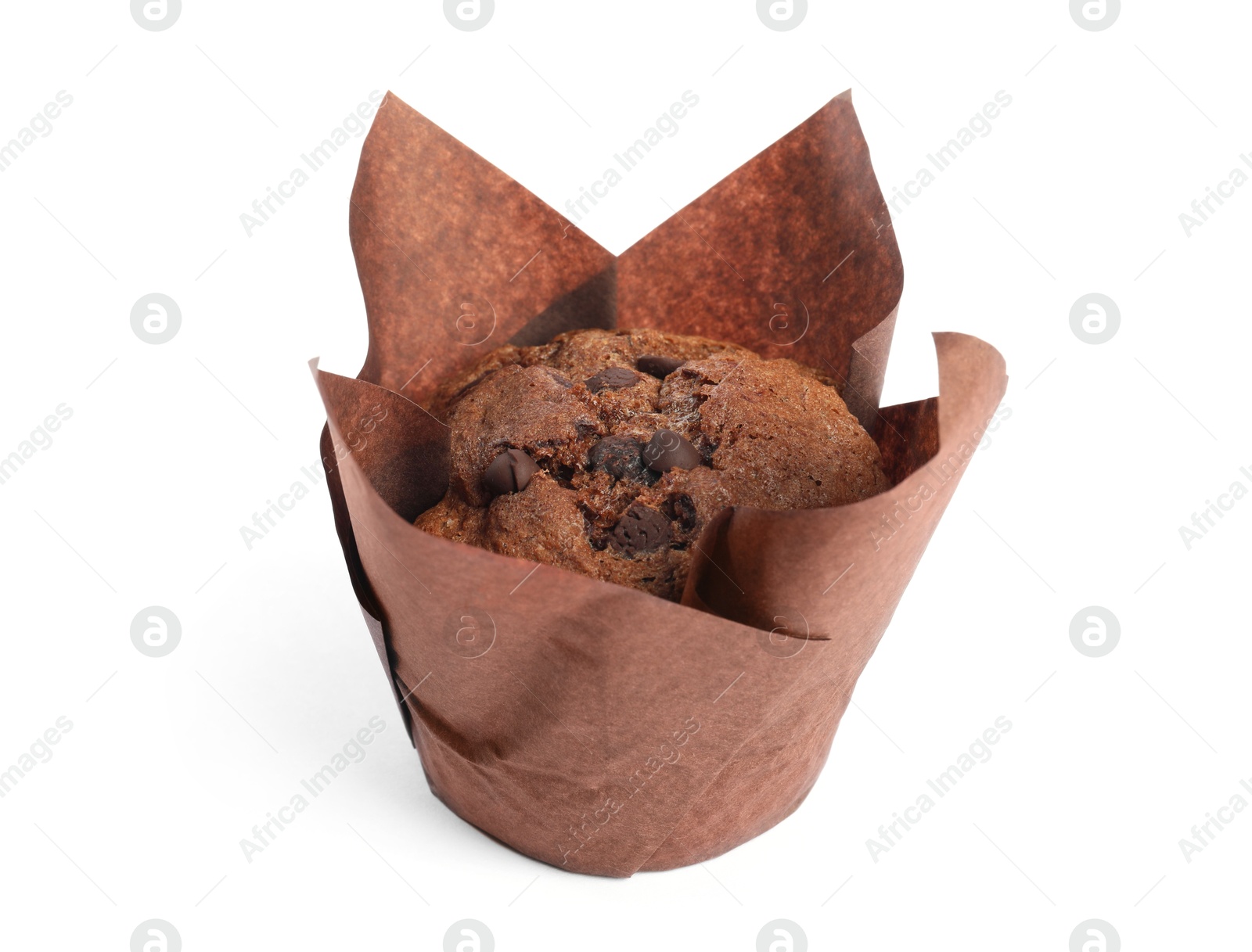 Photo of Delicious sweet muffin with chocolate chips isolated on white