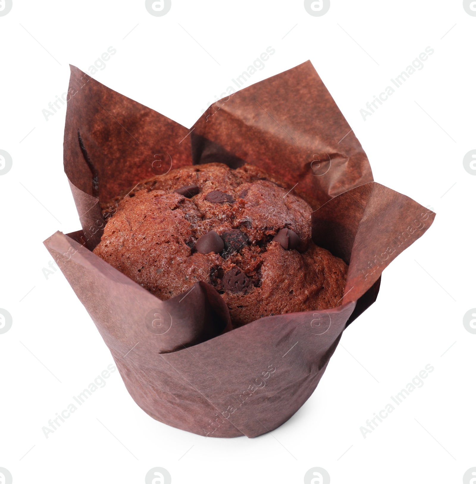 Photo of Delicious sweet muffin with chocolate chips isolated on white