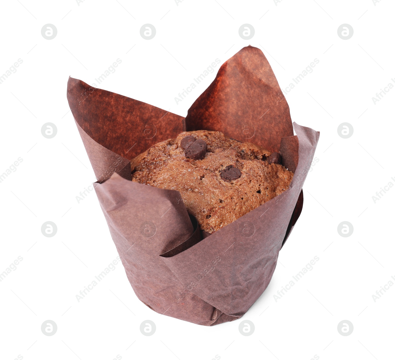 Photo of Delicious sweet muffin with chocolate chips isolated on white