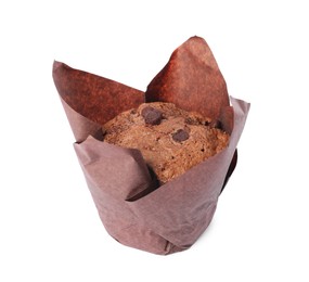 Photo of Delicious sweet muffin with chocolate chips isolated on white