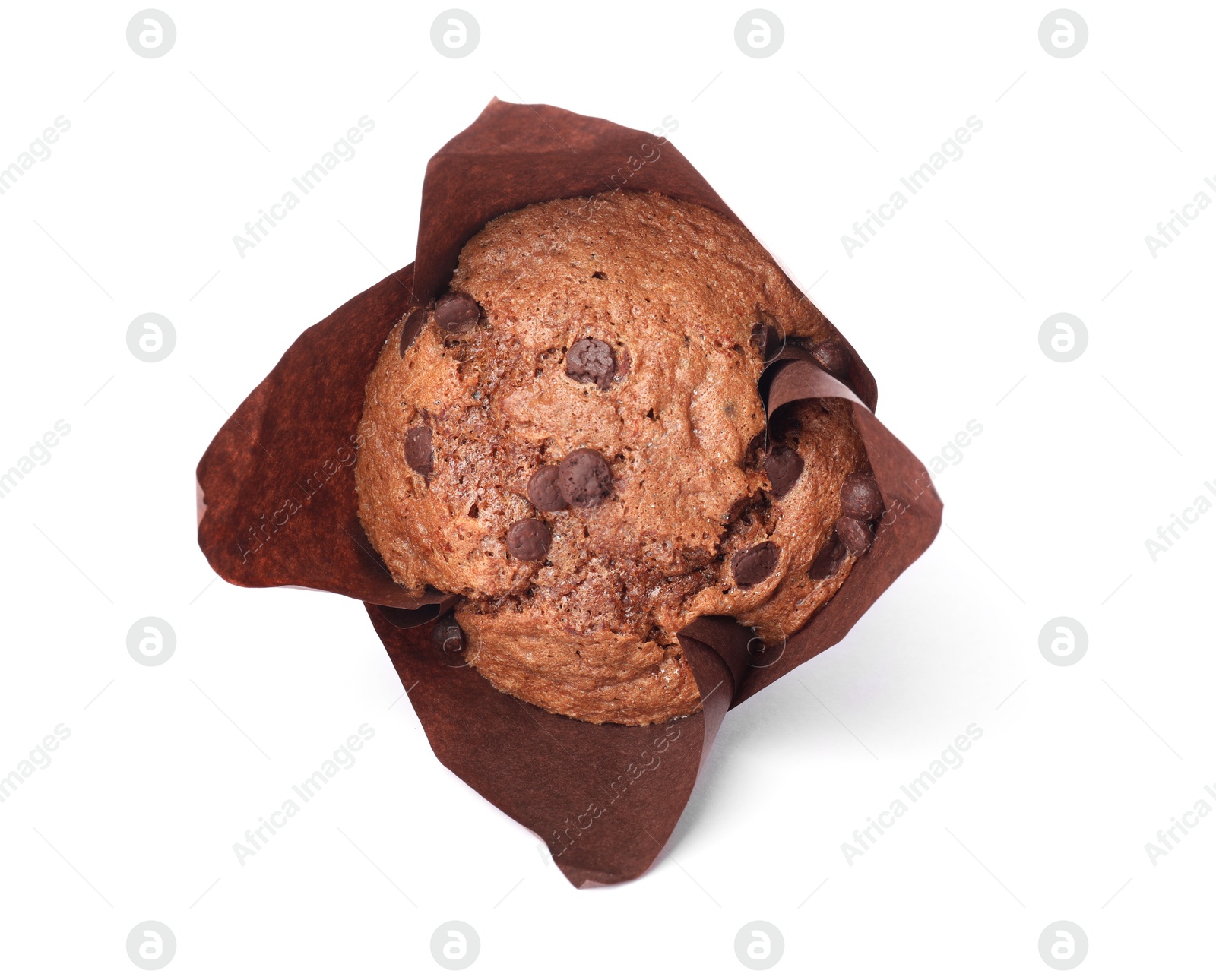 Photo of Delicious sweet muffin with chocolate chips isolated on white