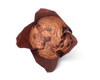 Photo of Delicious sweet muffin with chocolate chips isolated on white