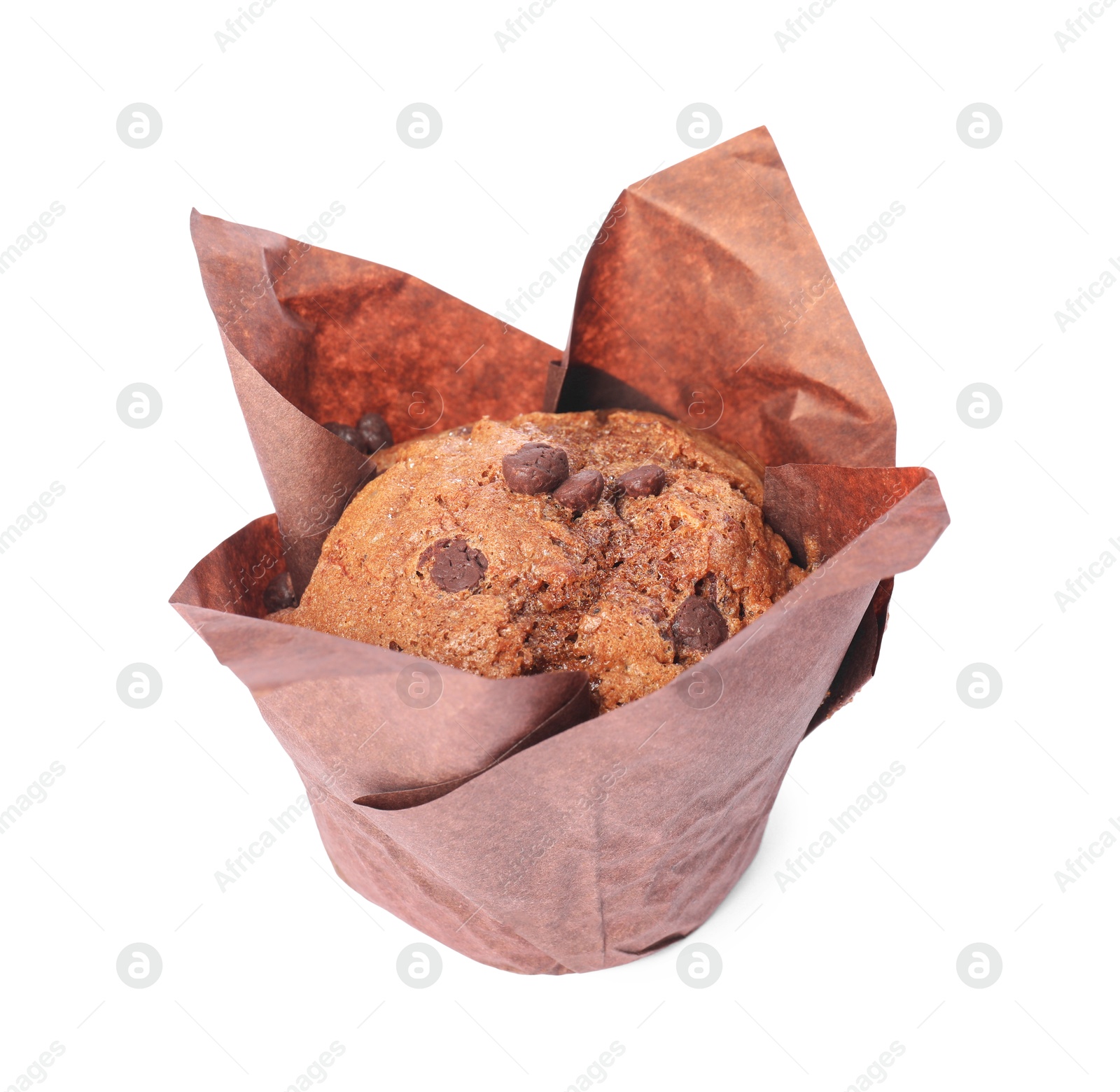 Photo of Delicious sweet muffin with chocolate chips isolated on white