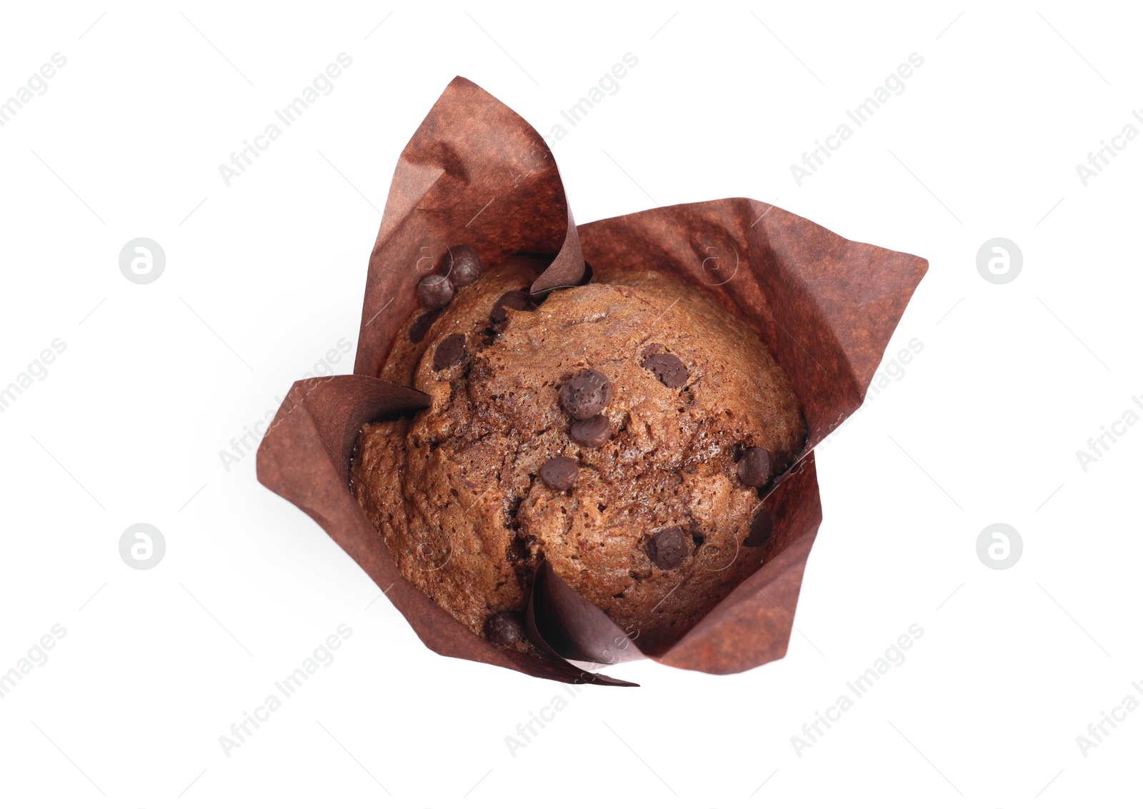 Photo of Delicious sweet muffin with chocolate chips isolated on white, top view