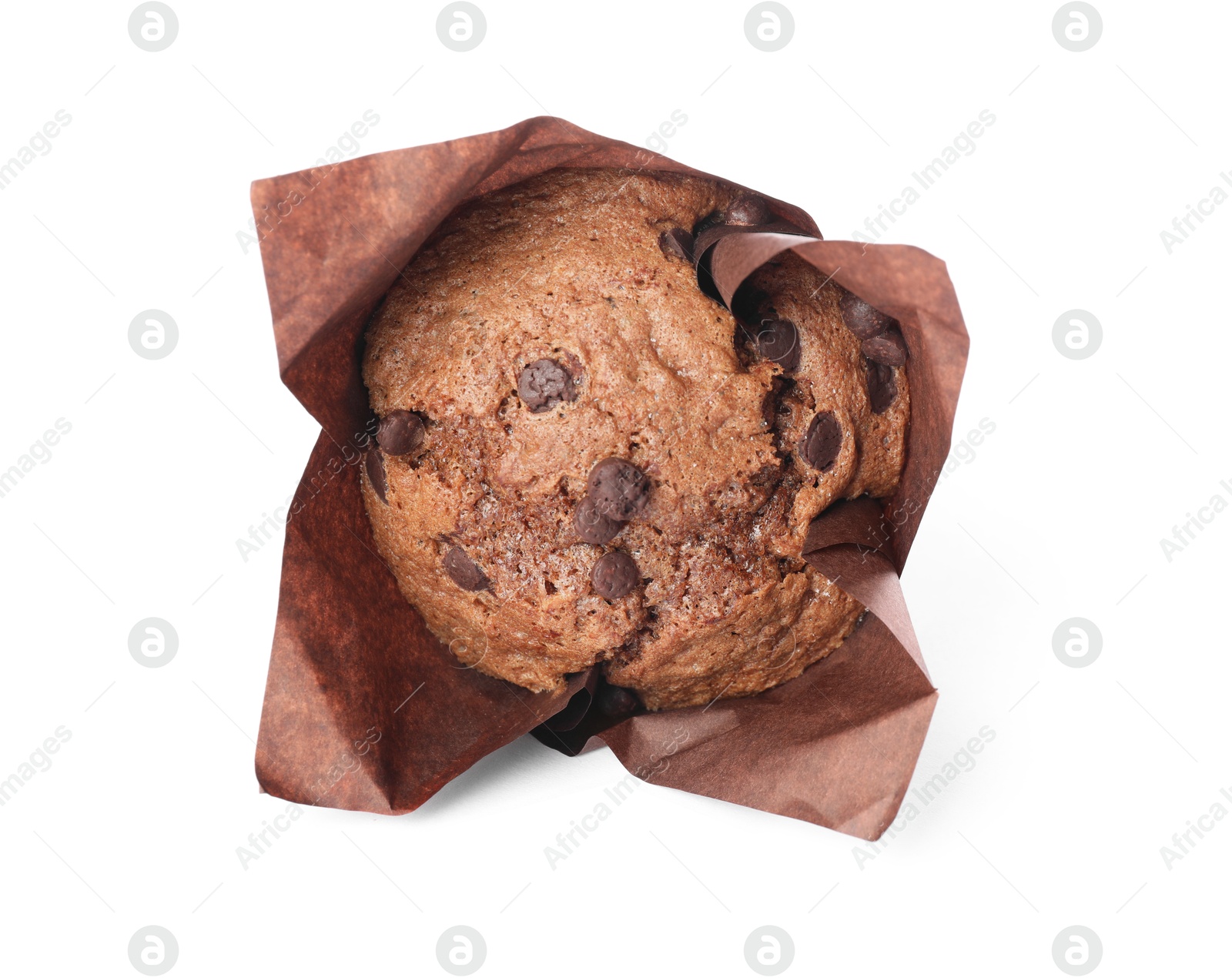 Photo of Delicious sweet muffin with chocolate chips isolated on white