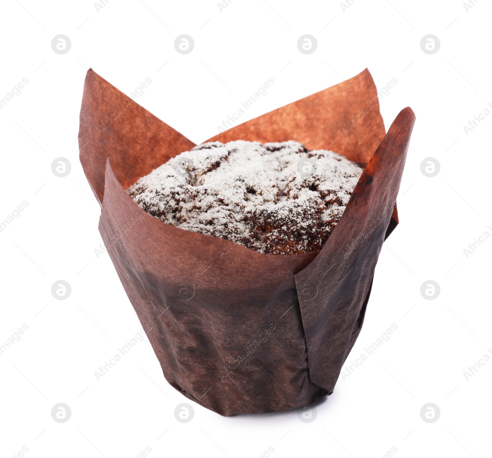 Photo of Delicious sweet muffin with powdered sugar isolated on white