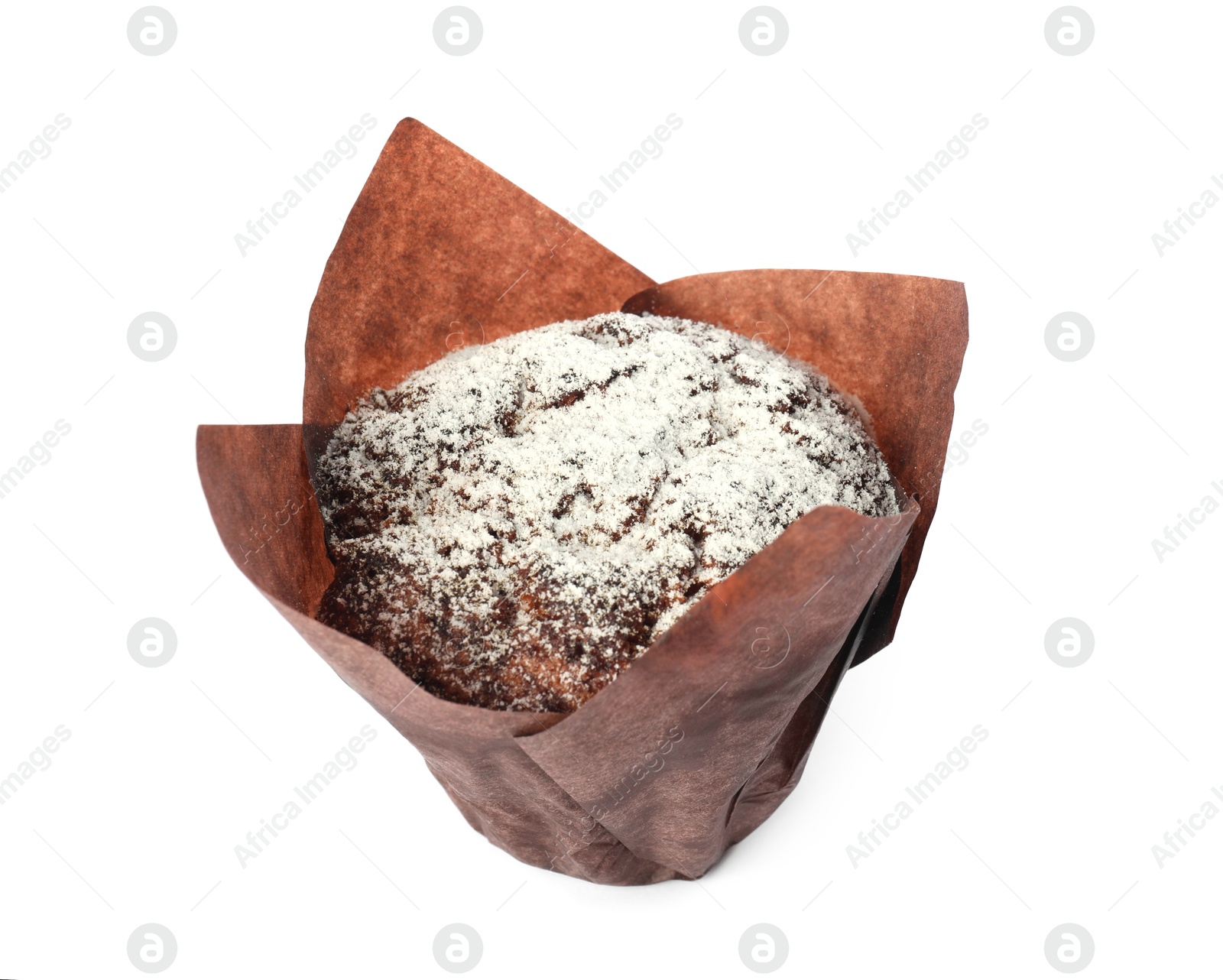 Photo of Delicious sweet muffin with powdered sugar isolated on white