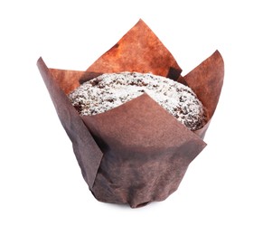 Photo of Delicious sweet muffin with powdered sugar isolated on white