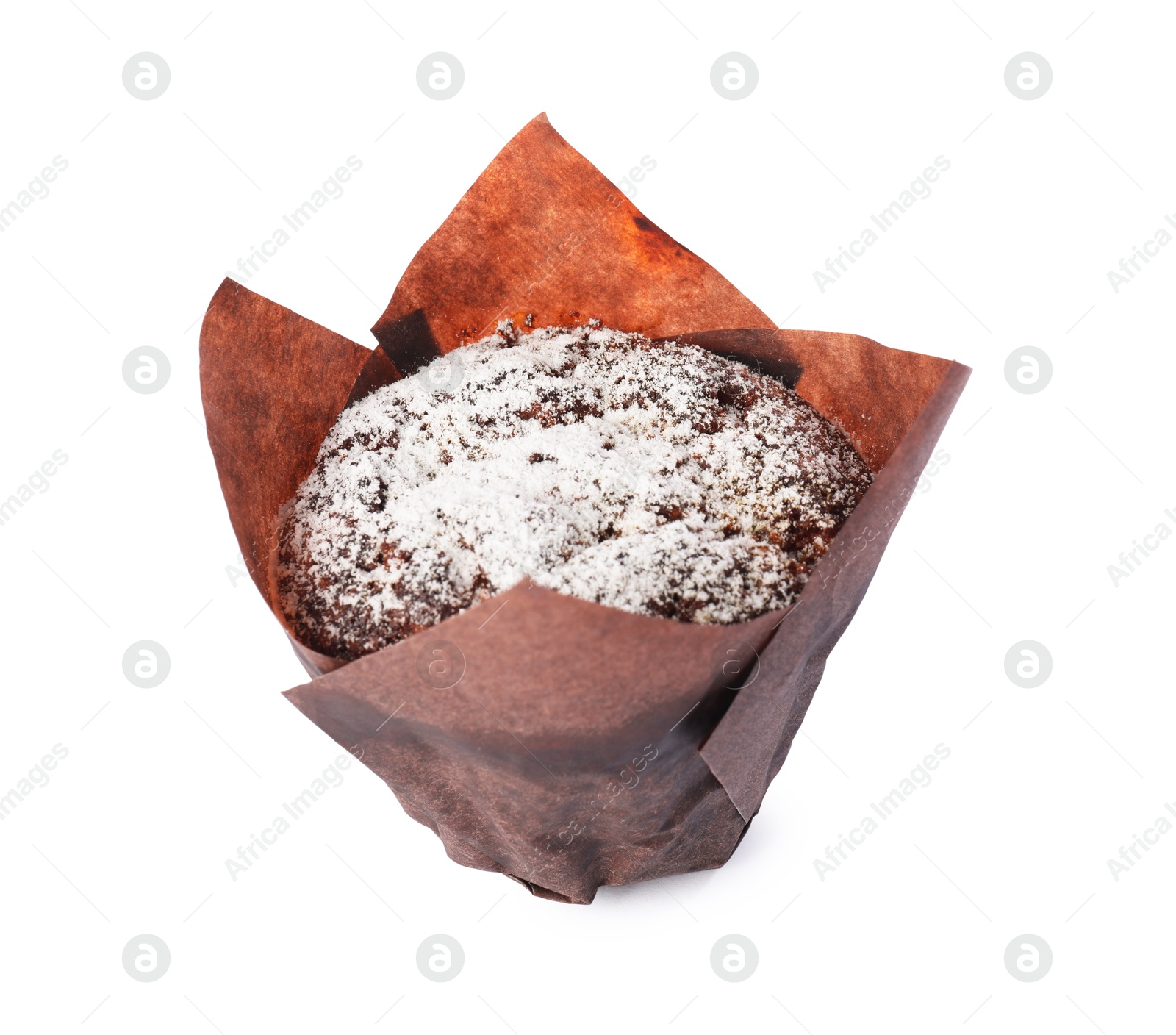 Photo of Delicious sweet muffin with powdered sugar isolated on white