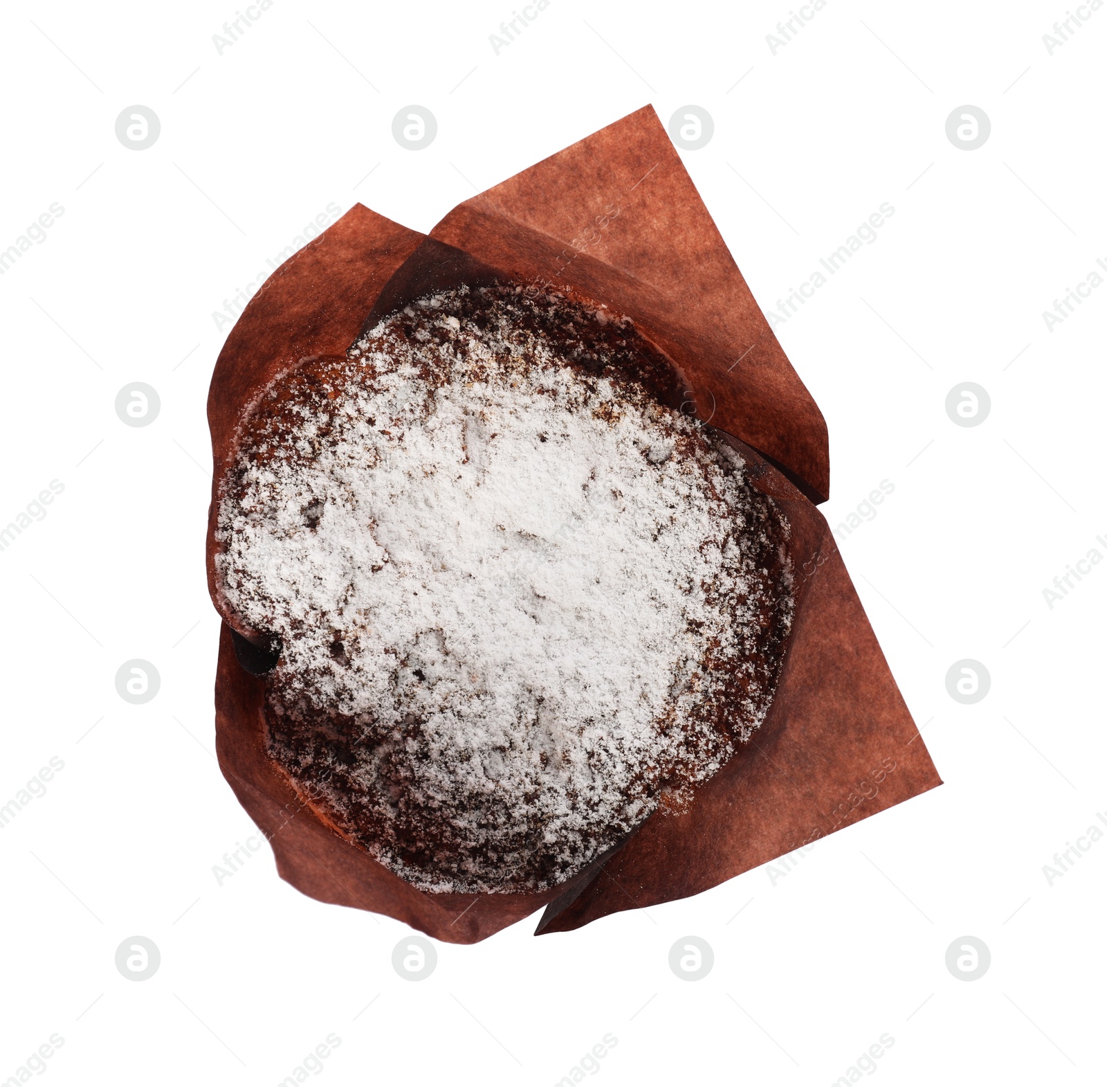 Photo of Delicious sweet muffin with powdered sugar isolated on white, top view