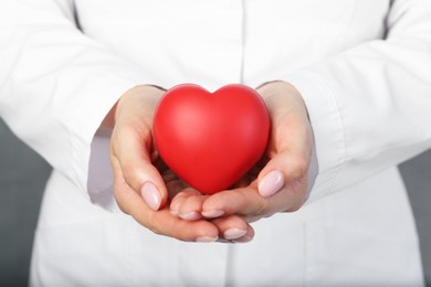 Photo of Doctor holding red heart on grey background, closeup