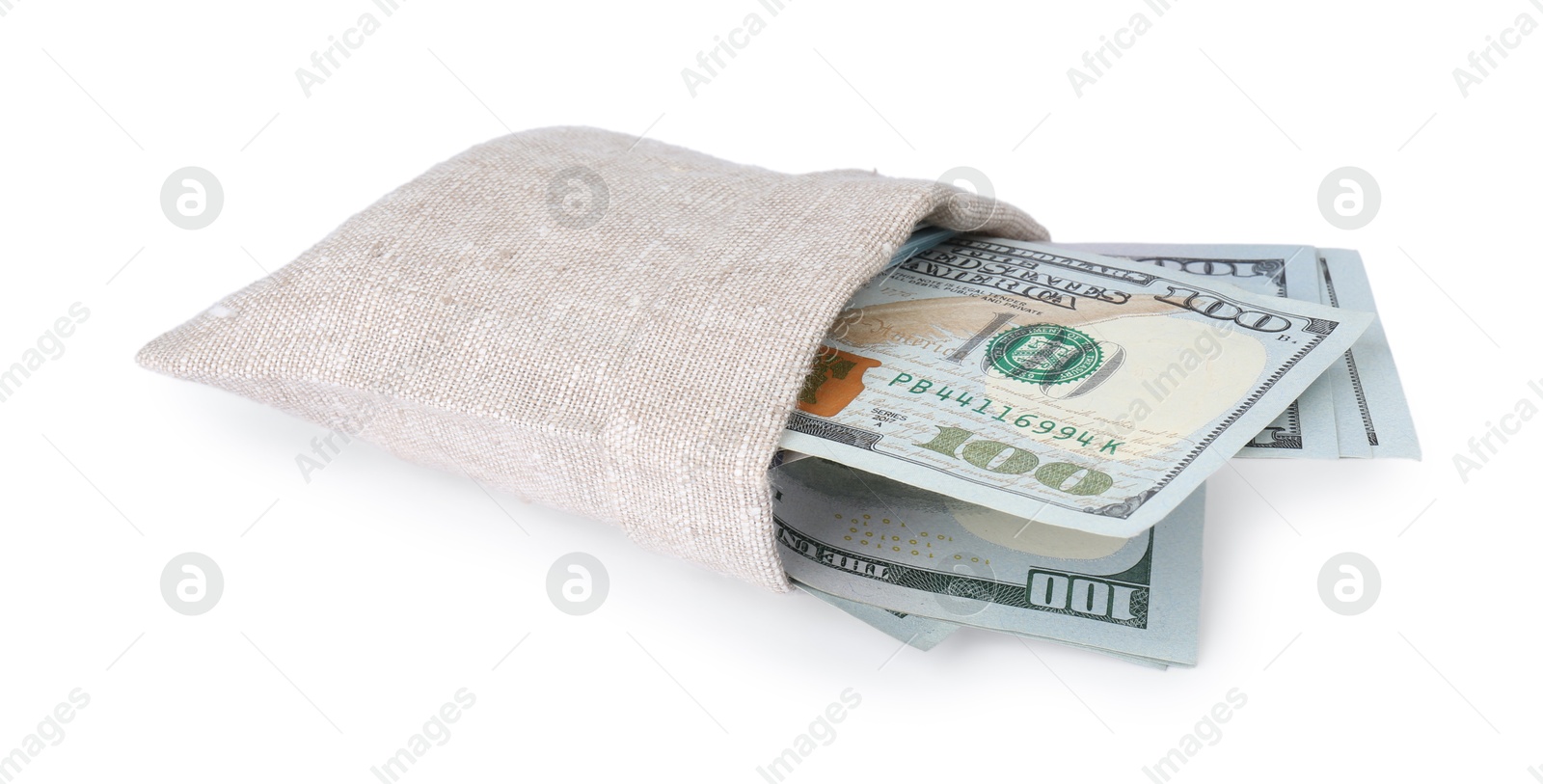 Photo of Dollar banknotes in bag isolated on white