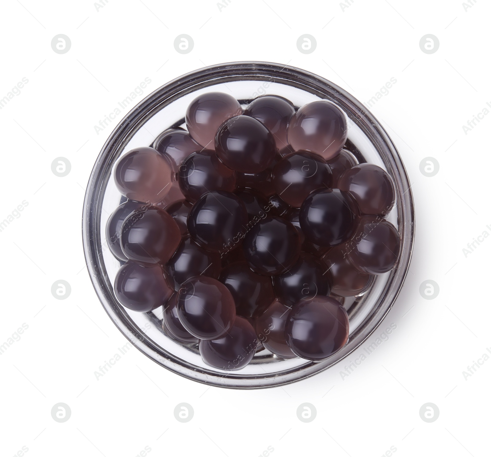 Photo of Color tapioca pearls in bowl isolated on white, top view