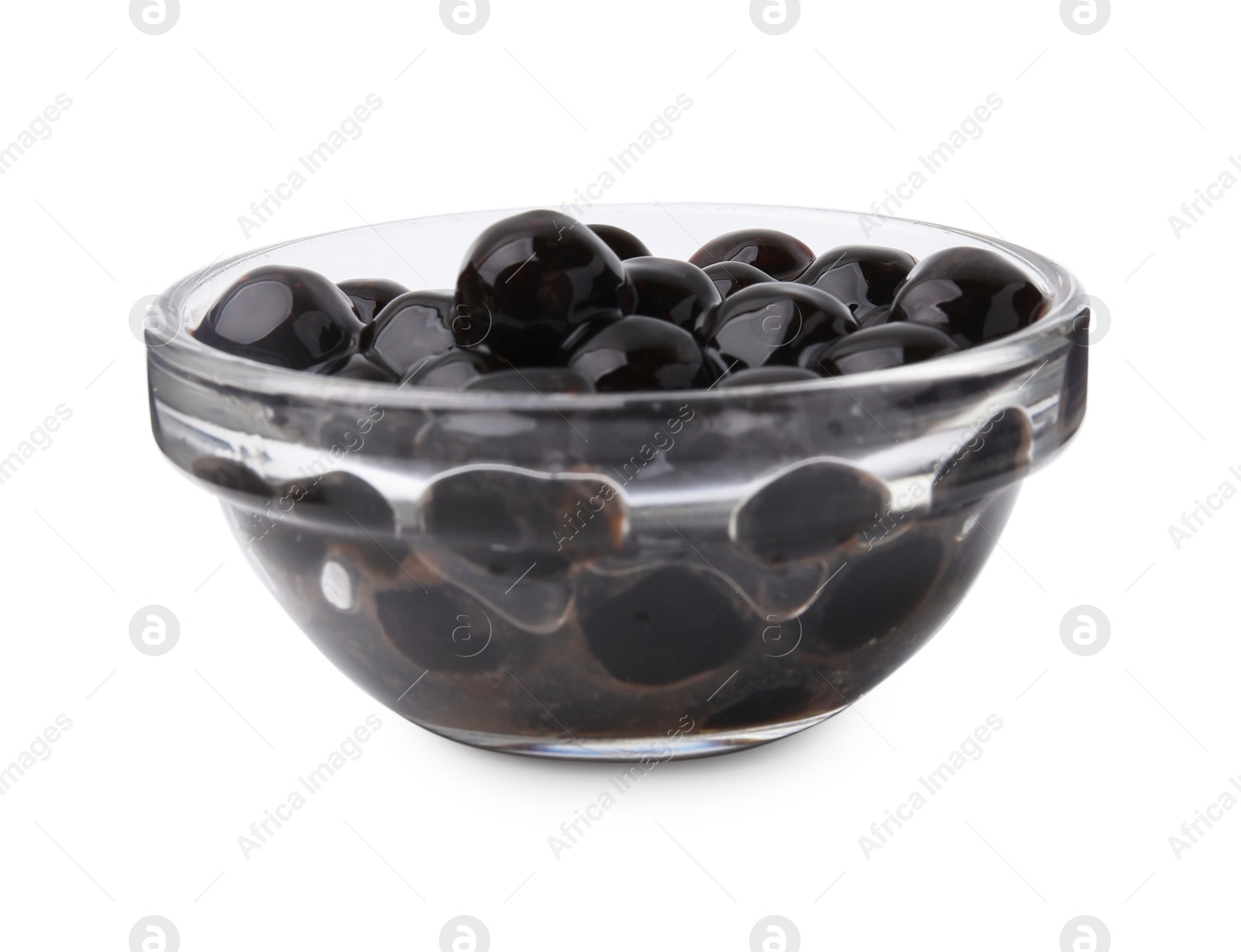 Photo of Dark tapioca pearls in bowl isolated on white