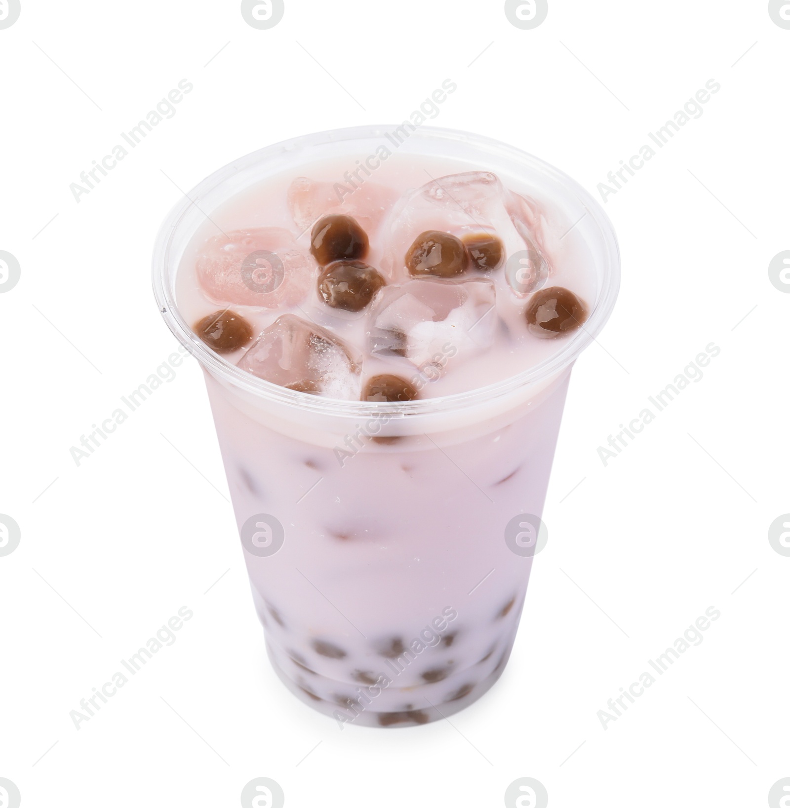 Photo of Tasty milk bubble tea in plastic cup isolated on white