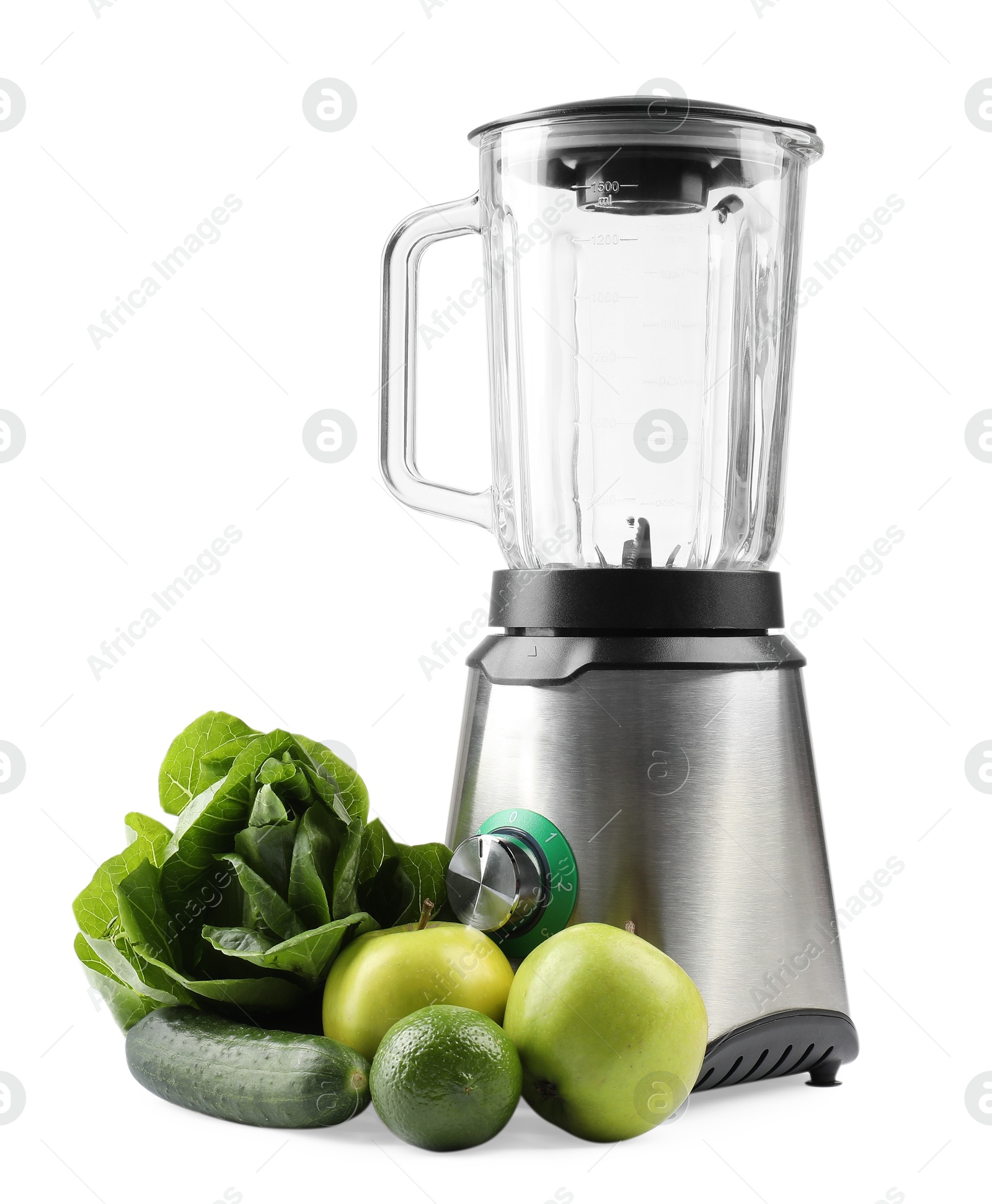 Photo of Modern blender and fresh products isolated on white