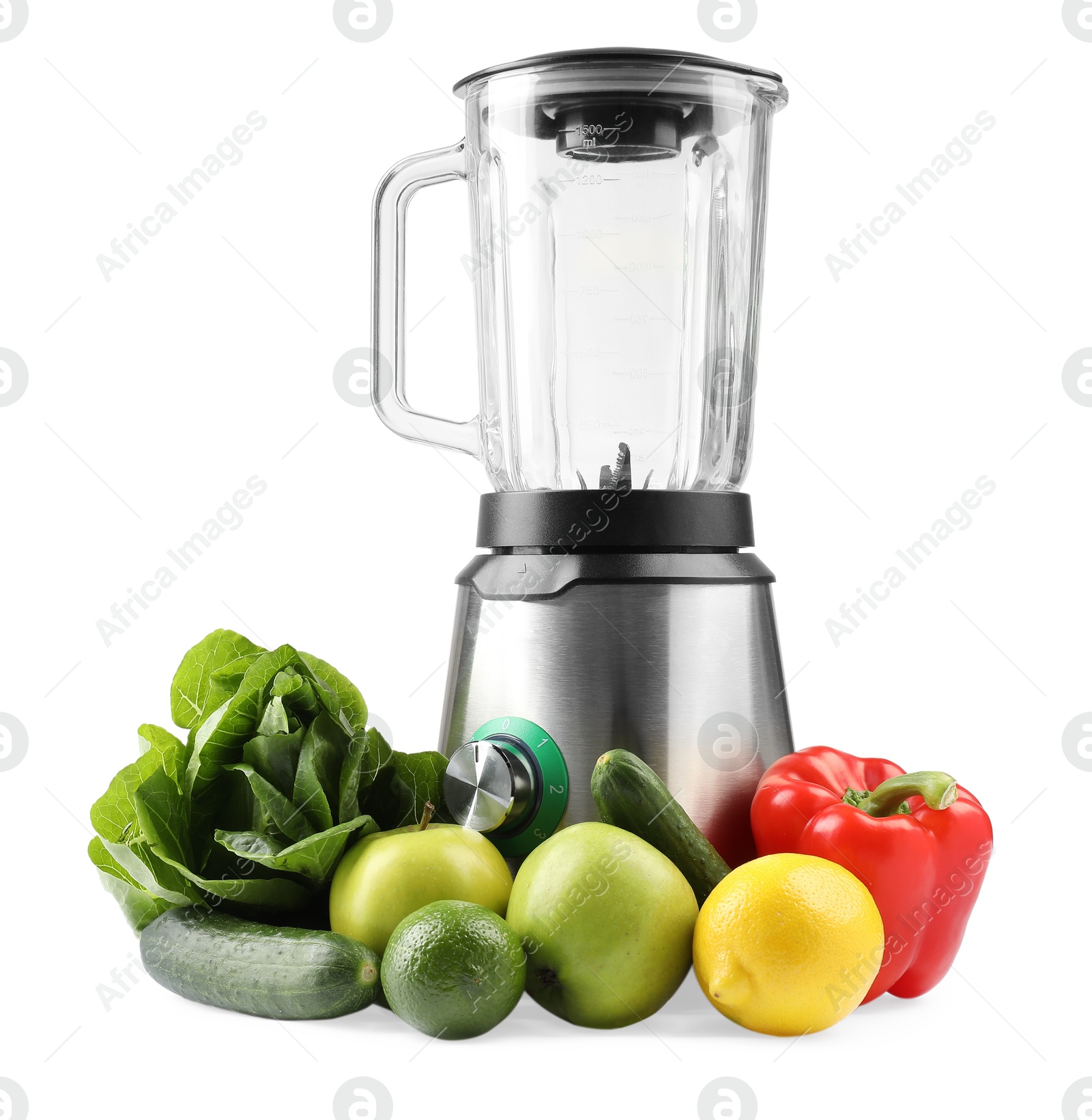 Photo of Modern blender and fresh products isolated on white