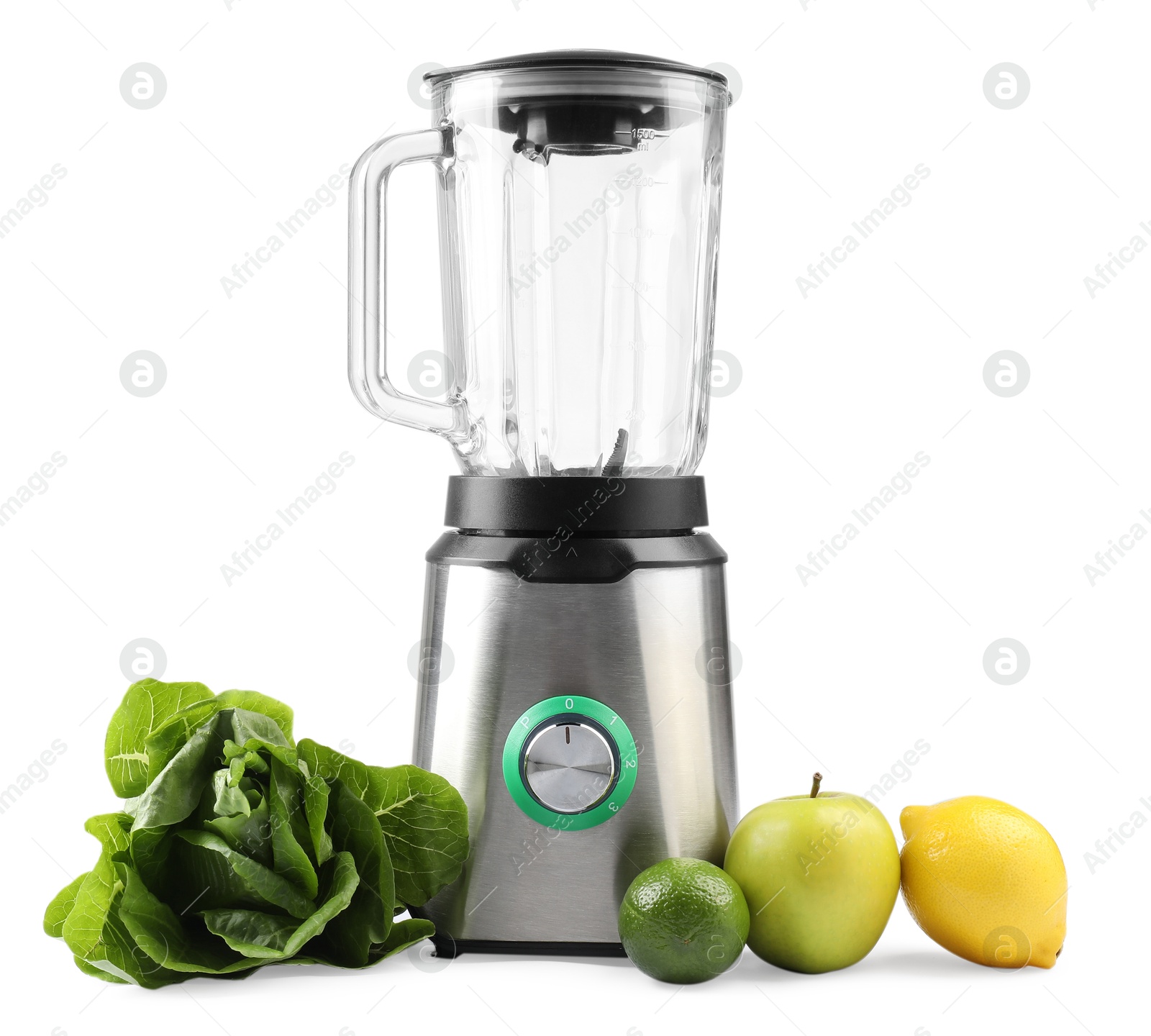 Photo of Modern blender and fresh products isolated on white