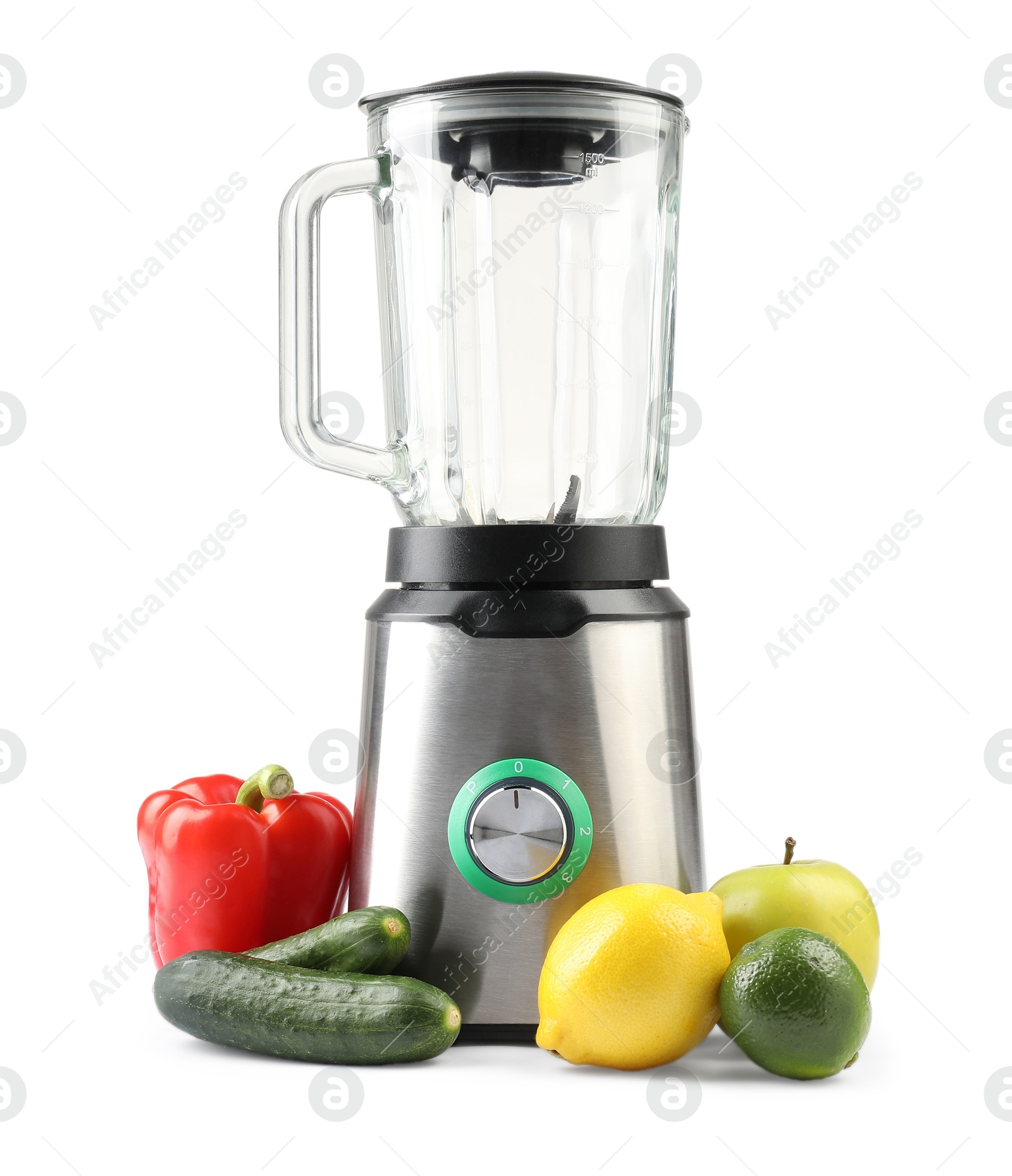 Photo of Modern blender and fresh products isolated on white