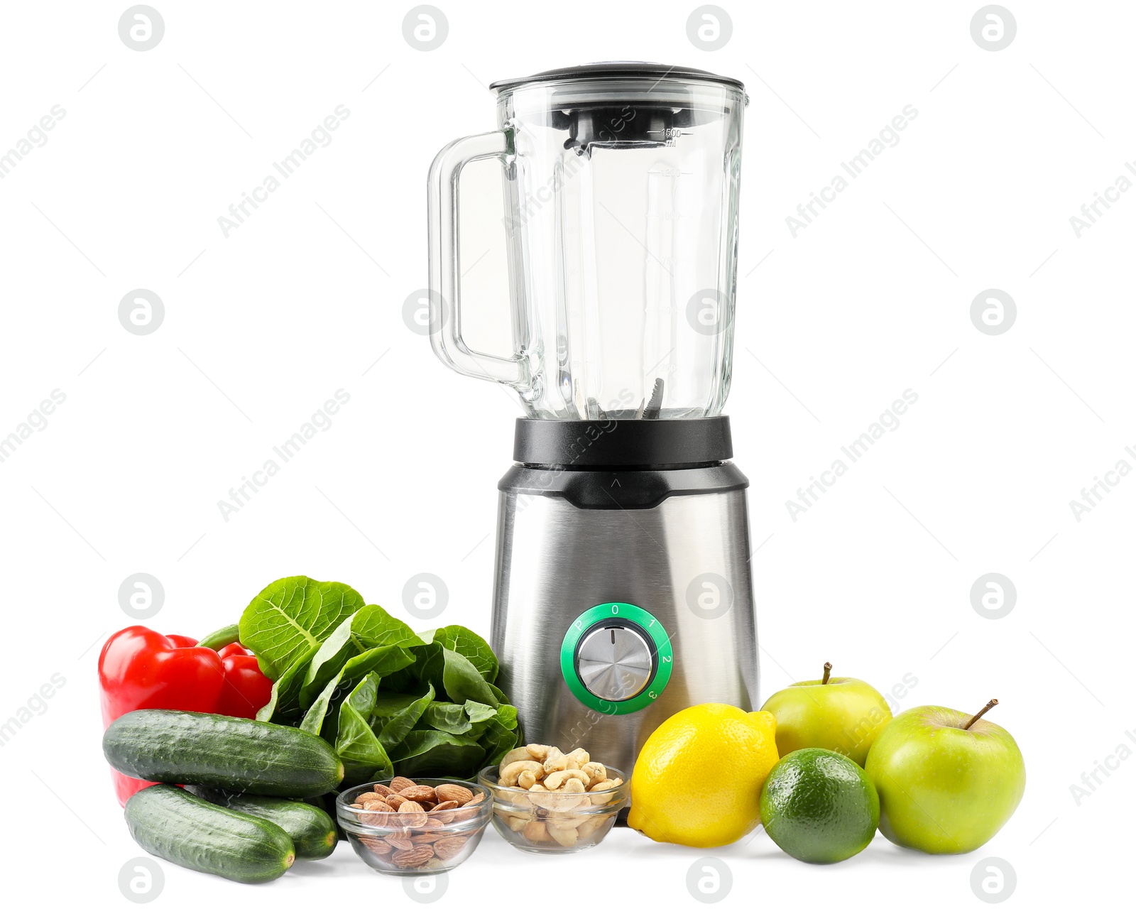 Photo of Modern blender and fresh products isolated on white