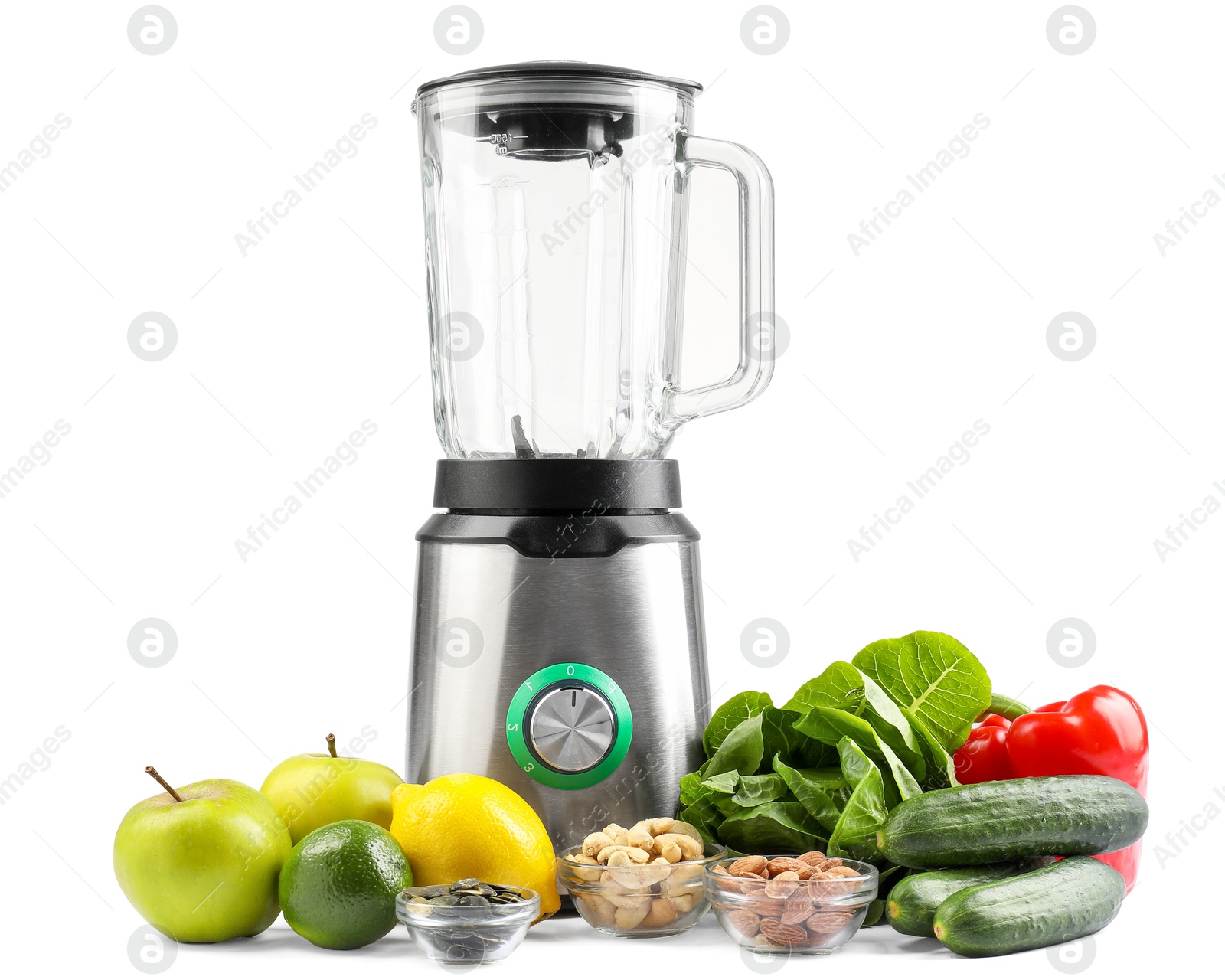 Photo of Modern blender and fresh products isolated on white