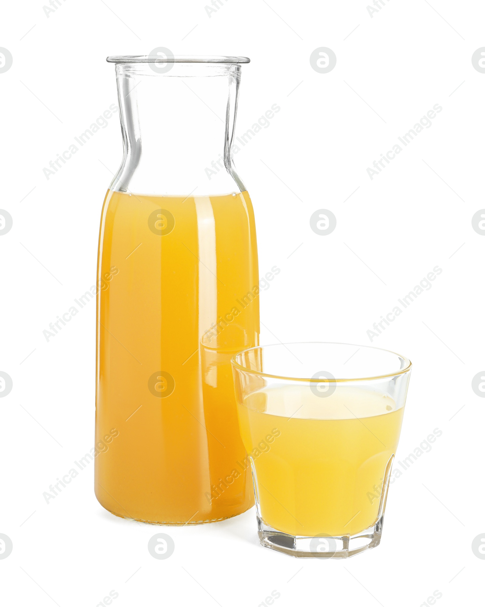 Photo of Glass and jug with tasty pineapple juice isolated on white