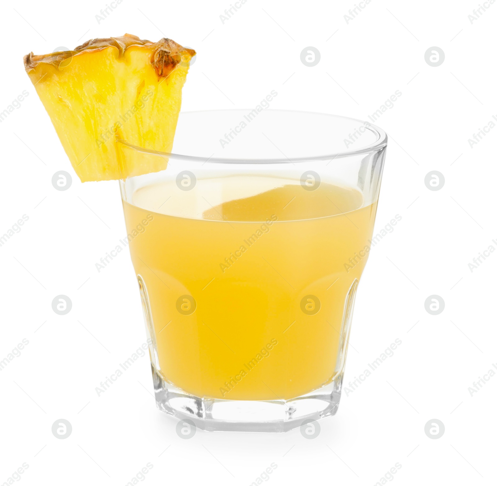 Photo of Glass with pineapple juice and piece of fresh fruit isolated on white