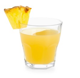 Photo of Glass with pineapple juice and piece of fresh fruit isolated on white