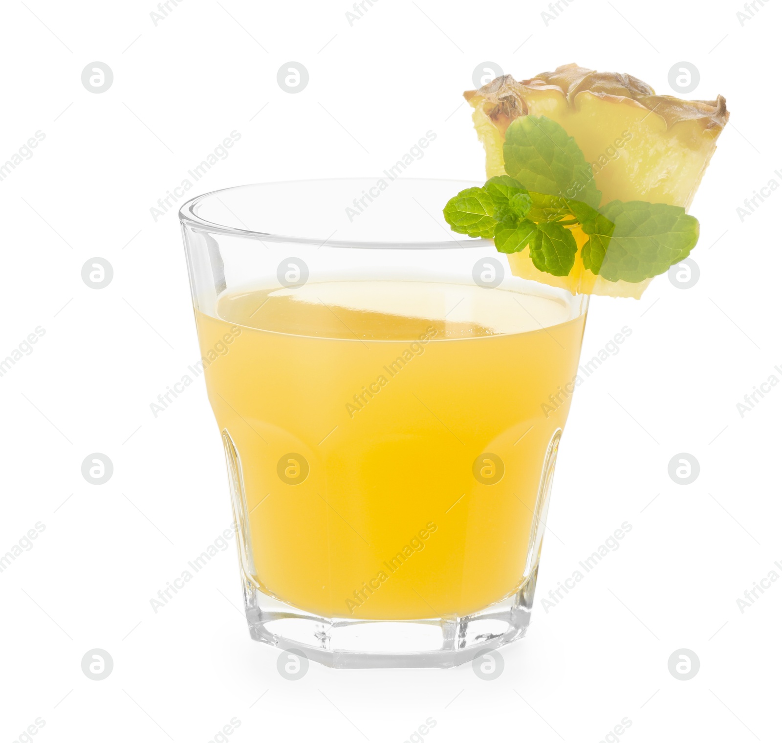 Photo of Glass with pineapple juice and piece of fresh fruit isolated on white